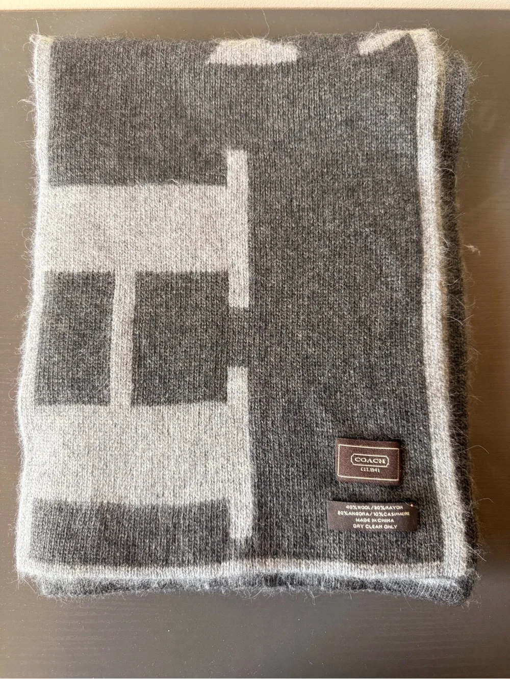 Gently loved Coach Gray and White Geometric Wool Accent Scarf